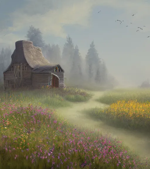 Image similar to a matte painting of a biroremediation architecture, prairie, cottage town, foggy, patchy flowers, oil painting, pale colors, high detail, 8 k, wide angle, trending on artstation,