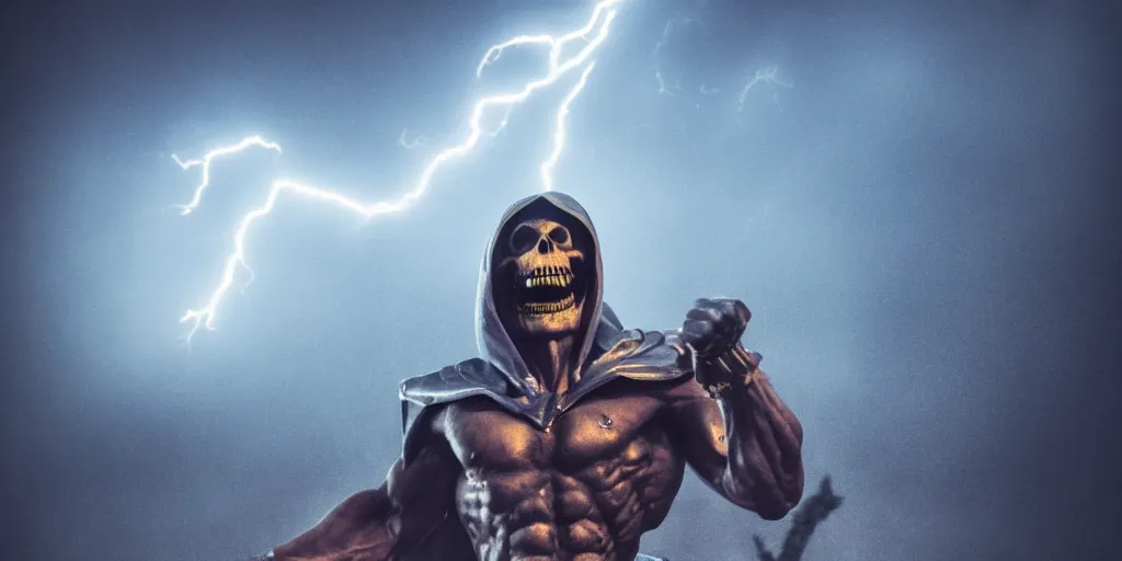 Image similar to skeletor fighting he - man, fog on the ground, heavy rain, lightning, moody lighting, shallow depth of field,