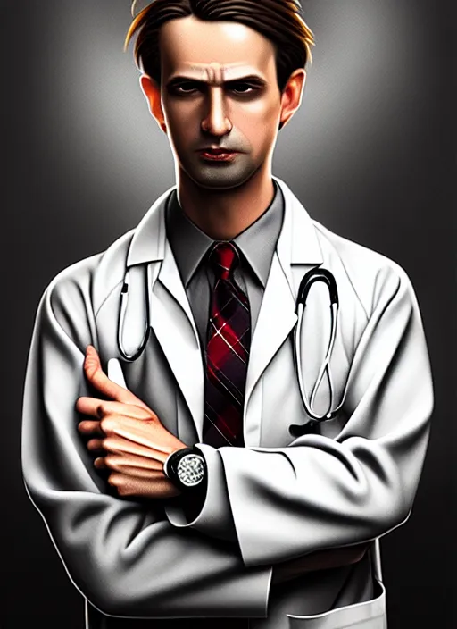 Image similar to male surgeon, brown hair, khakis, plaid shirt, gothic, moody, noir, diffuse lighting, fantasy, intricate, elegant, highly detailed, lifelike, photorealistic, digital painting, artstation, illustration, concept art, smooth, sharp focus, art by John Collier and Albert Aublet and James jean and Brian froud and ross tran and Artem Demura and Alphonse Mucha