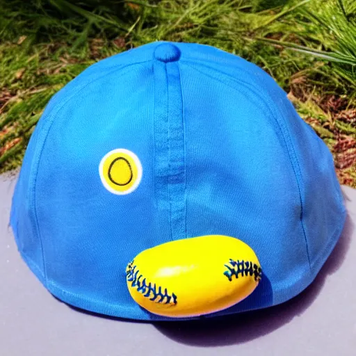 Prompt: small blue oval creature with yellow baseball cap