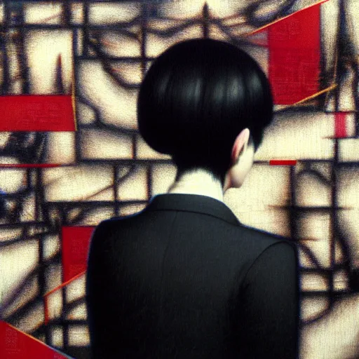 Image similar to yoshitaka amano blurred and dreamy realistic three quarter angle portrait of a young woman with short hair and black eyes wearing office suit with tie, junji ito abstract patterns in the background, satoshi kon anime, noisy film grain effect, highly detailed, renaissance oil painting, weird portrait angle, blurred lost edges