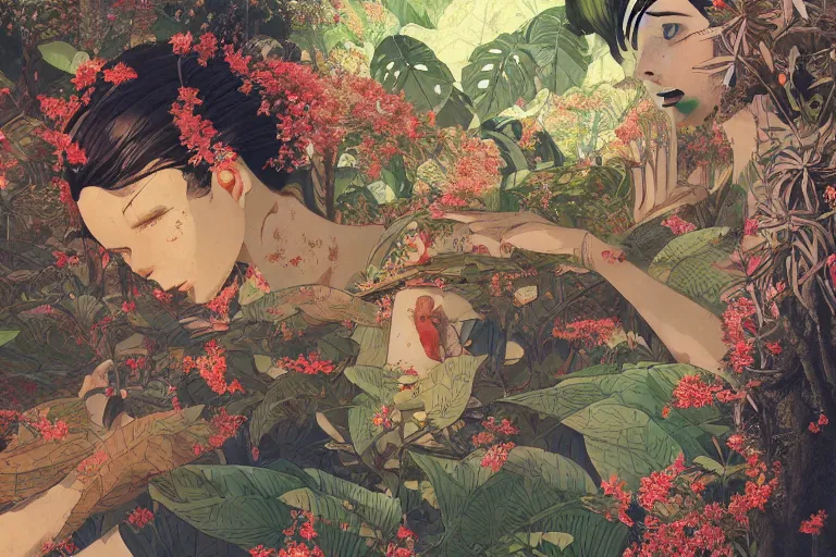 Image similar to evangelionic illustration, a lot of exotic vegetation, trees, tremendous pleasure, flowers, oldschool vintage sci - fi flat surreal design, super - detailed, oil painting by satoshi kon, hd, 4 k, high quality