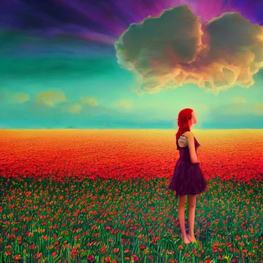 Image similar to giant dahlia flower head, full body girl standing in a flower field, surreal photography, sunrise, dramatic light, impressionist painting, colorful clouds, digital painting, artstation, simon stalenhag