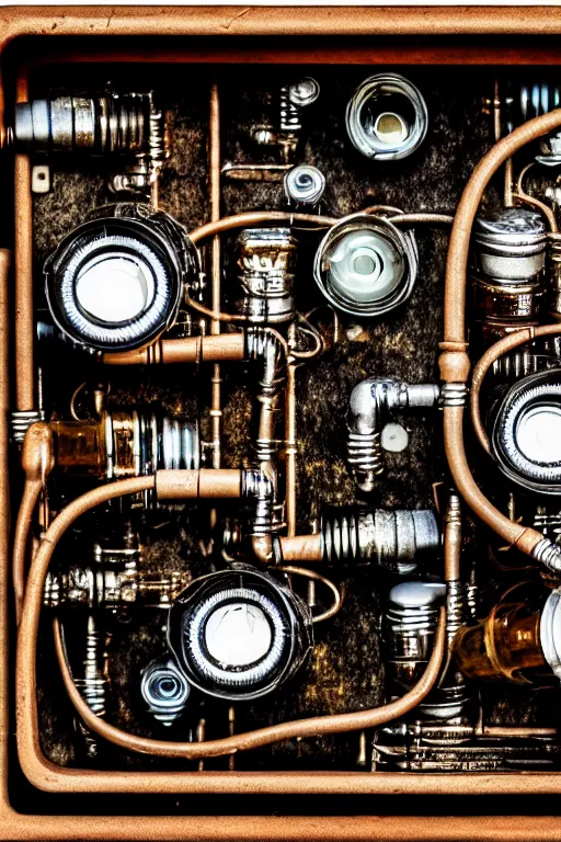 Prompt: A photo of a very old opened camera with vacuum tubes, film, capacitors and coils inside by Annie Lebovitz, Laura Letinsky and Steve McCurry, grungy, weathered Ultra detailed, hyper realistic, 4k