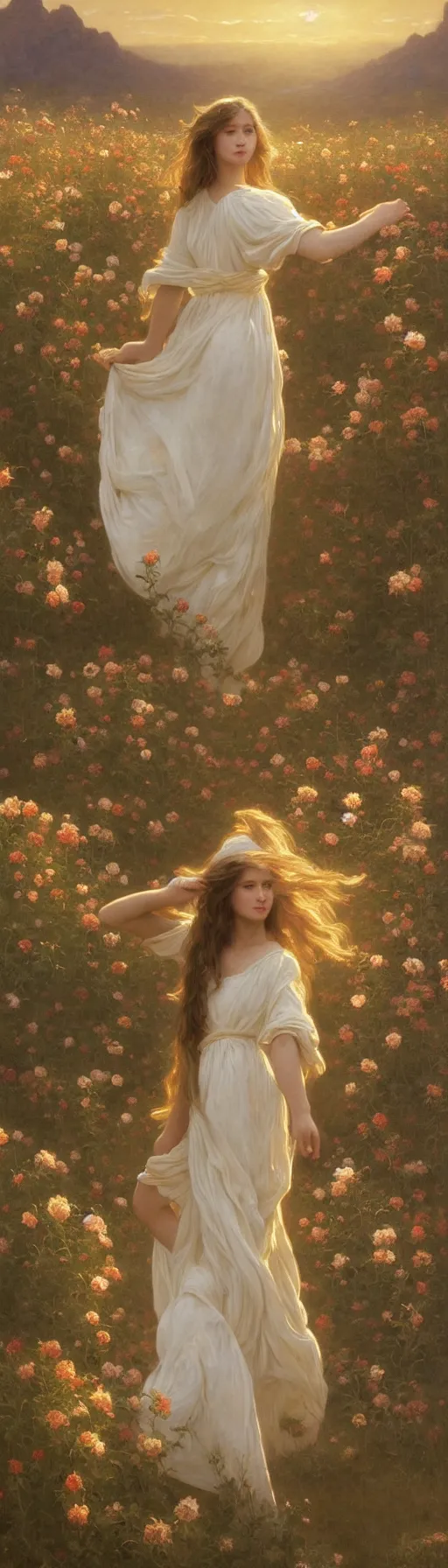 Prompt: oil painting portrait of a young woman with long flowing hair in a white dress, dancing through a field of flowers at sunset with mountains in the background, hazy, chiaroscuro, artstation, cinematic, golden hour, digital art painting by greg rutkowski, william - adolphe bouguereau, hazy atmosphere, flowers, cinematic lighting