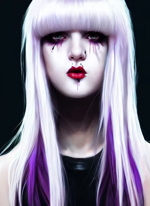 Image similar to portrait of white teenage girl, normal face, white bangs, mall goth, cyberlox, black and white hair, bangs, fluffy bangs, red contact lenses, purple lipstick, intricate, elegant, highly detailed, digital painting, artstation, concept art, sharp focus, smooth, illustration, art by wlop, mars ravelo and greg rutkowski