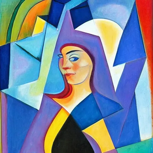 Image similar to woman in glorious robes rose up vast as the skies, old as the mountains and formless as starlight to shelter the precious memories, matter, messages, abstract art in the style of cubism and georgia o keefe