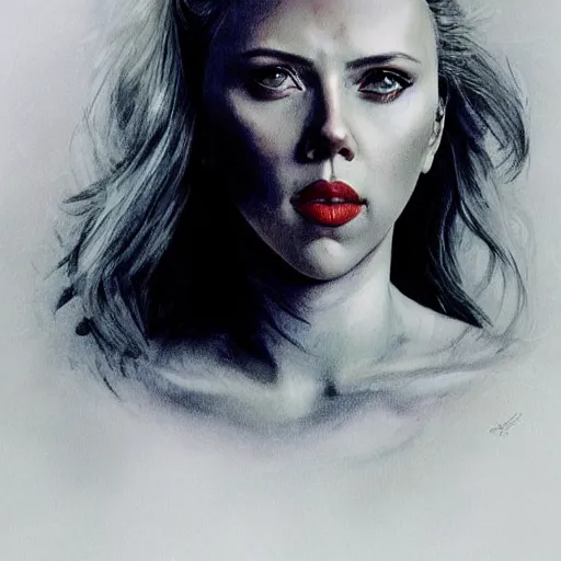 Image similar to portrait of scarlett johansson as a demon woman, colourised, face portrait, epic, tragic, military art, fantasy, dieselpunk, hd shot, digital portrait, beautiful, artstation, comic style, by artgerm, guy denning, jakub rozalski, magali villeneuve and charlie bowater