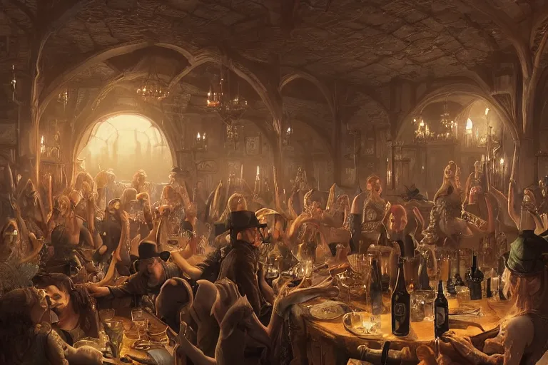 Image similar to Beautiful hyperrealistic detailed matte portrait painting of a 20s fantasy goblin party in ekanite bar that looks like it's from lord of the rings and bazaar by greg rutkowski, andreas rocha and john howe, and Martin Johnson Heade,featured on artstation, ultrawide angle,f16 , golden ratio, f32, well composed, cohesive