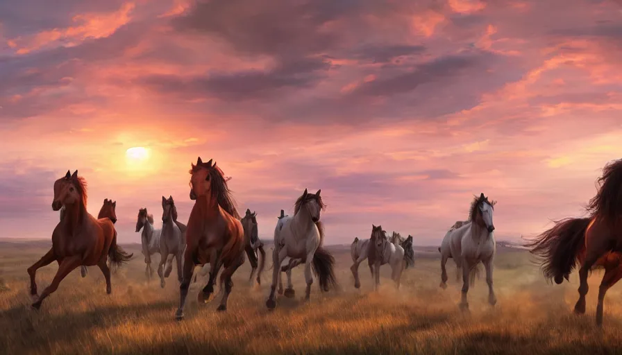 Image similar to horses running on the plain, great sunset behind, hyperdetailed, artstation, cgsociety, 8 k