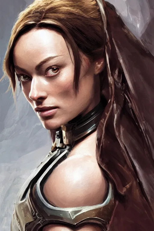 Image similar to a professional painting of a young Olivia Wilde, clothes in military armor, olive skin, long dark hair, beautiful bone structure, symmetrical facial features, intricate, elegant, digital painting, concept art, smooth, sharp focus, illustration, from StarCraft by Ruan Jia and Mandy Jurgens and Artgerm and William-Adolphe Bouguerea