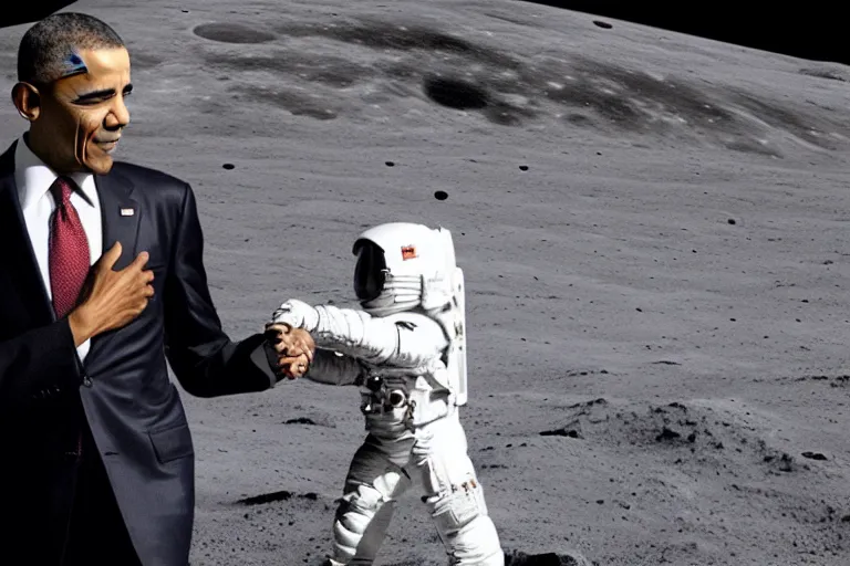 Image similar to President barrack Obama holding hands lovingly with Vladimir Putin on the moon, photorealistic 8K