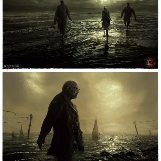 Image similar to shadow over innsmouth, people walking out of the water, painted by seb mckinnon, high detail, dramatic light, digital art, painted by greg rutkowski, promotional movie posterart, trending on artstation