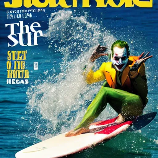 Prompt: the joker catching a wave, cover of surfer magazine, july 2 0 1 1