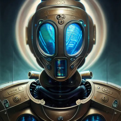 Image similar to front shot of a cyberpunk gazmask robot character, intricate, elegant, highly detailed, centered, digital painting, artstation, concept art, smooth, sharp focus, illustration, artgerm, Tomasz Alen Kopera, Peter Mohrbacher, donato giancola, Joseph Christian Leyendecker, WLOP, Boris Vallejo