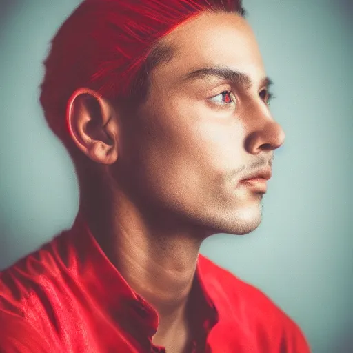 Prompt: profile photograph of a beautiful! male with red mechanical! eye dark background