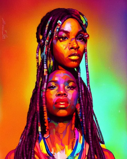 Image similar to colorful character portrait of a black female hippie 1 9 6 0 s vibe, set in the future 2 1 5 0 | highly detailed face | very intricate | symmetrical | cinematic lighting | award - winning | painted by mandy jurgens | pan futurism, dystopian, bold colors, cyberpunk, groovy vibe, anime aesthestic | featured on artstation