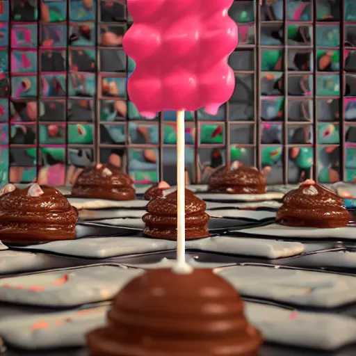 Image similar to a jello chocolate candy lollipop snickers bar icecream cake muffin jaffa marshmallow nougat waffle candy gummy jelly sandwich, volumetric lighting, octane render, unreal engine, 8k, hd, perfect, decadent, highly detailed, stroopwaffel