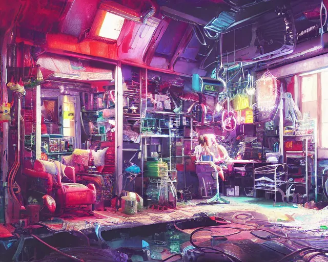 Image similar to IKEA catalogue photo of a cyberpunk shed, by Paul Lehr