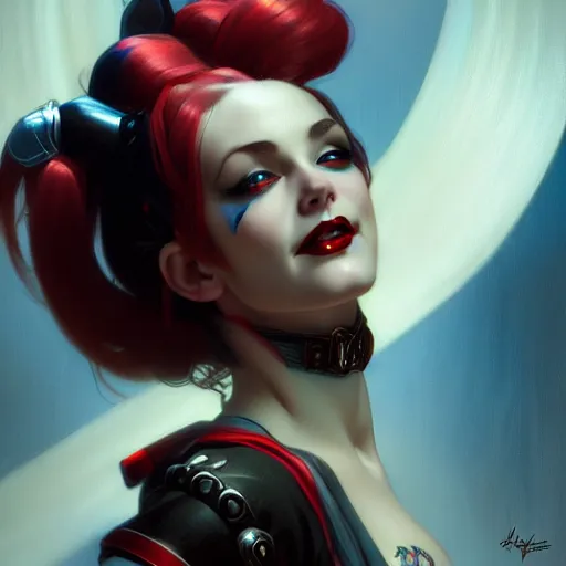 Prompt: of Harley Quinn, dark fantasy, medium shot, intricate, ornate, elegant, highly detailed, digital painting, volumetric light, artstation, concept art, smooth, sharp focus, illustration, art by Gil Elvgren and Charlie Bowater and Greg Rutkowski and Alphonse Mucha