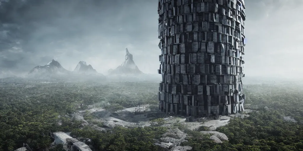 Image similar to modern brutalistic architecture tower build in the center of a huge ringed shaped mountain with forest on the top in the center of the ocean, unreal 5, hyper realistic, realistic, photorealistic, dynamic lighting, highly detailed, cinematic landscape, studio landscape, studio lighting