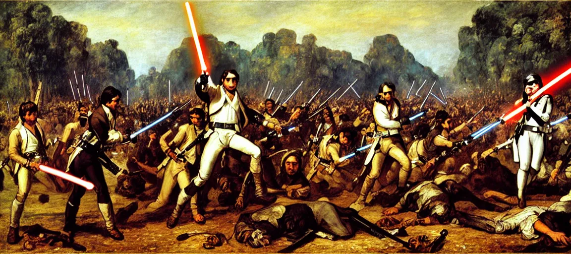 Image similar to liberty leading the people, french revolution, eugene delacroix, jedi, lightsaber, ewoks, at - st, tie - fighter, endor forest, oil on canvas