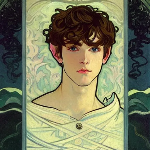 Image similar to portrait painting of young handsome beautiful paladin elf!! man with long! wavy dark hair and blue eyes in his 2 0 s named taehyung minjun james, pale, wearing armor!, gorgeous hair, elf ears, icy eyes, elegant, cute, delicate, soft facial features, art by alphonse mucha, vincent van gogh, egon schiele,