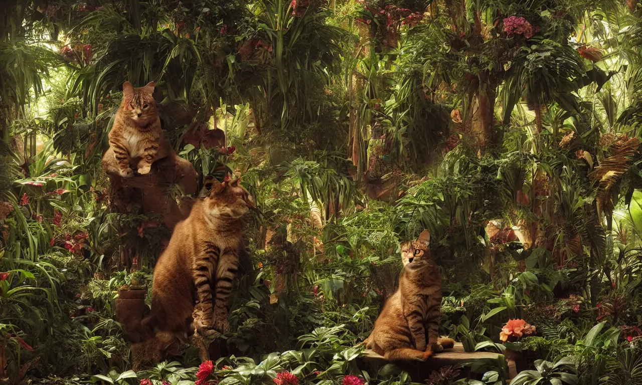 Image similar to a portrait of a cat sitting amongst big tropical plants, painting by James C. Christensen, by Tomasz Alen Kopera, by Raphael, by Caravaggio, 8K, rendered in Octane, cinematic, 3D, volumetric lighting, highly detailed, photorealistic, hyperrealism