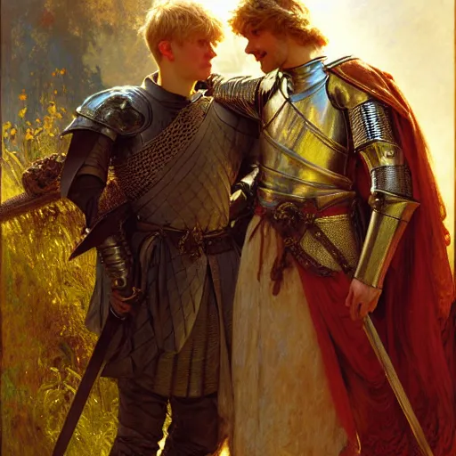 Prompt: attractive arthur pendragon and his favourite attractive male knight, they are in love, camelot, natural lighting, path traced, highly detailed, high quality, digital painting, by gaston bussiere, craig mullins, alphonse mucha j. c. leyendecker