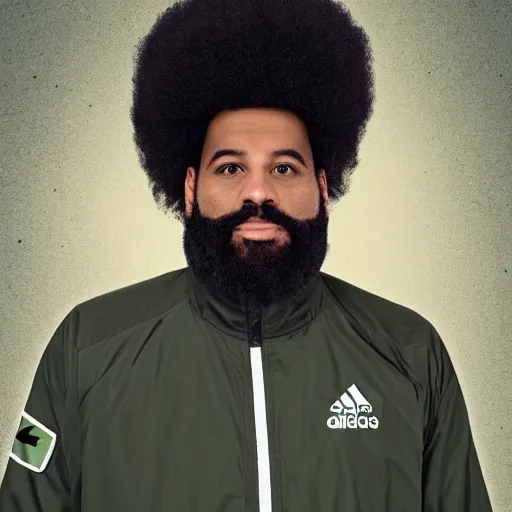 Image similar to photograph of a gigantic black man with afro hair and beard stubble wearing an adidas army green jacket, looming over dublin