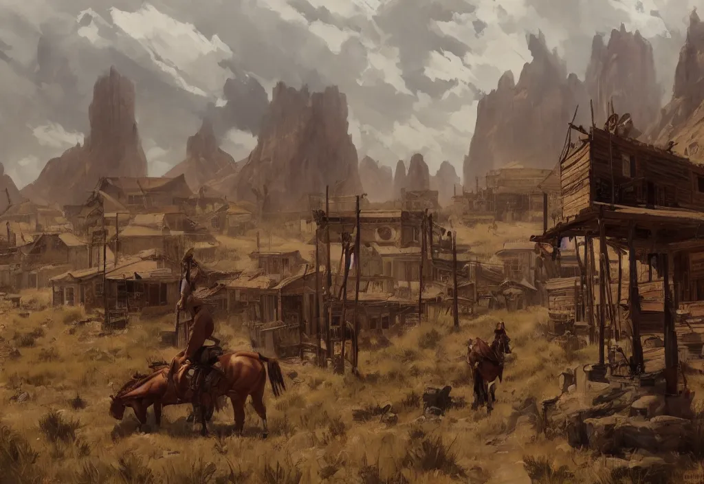 Image similar to greg manchess painting of a wild west abandoned town landscape with no person nor horse in the painting only buildings in the year 1 8 5 0, nobody living there, raining with grey sky, painting, trending on artstation, by huang guangjian and gil elvgren and sachin teng