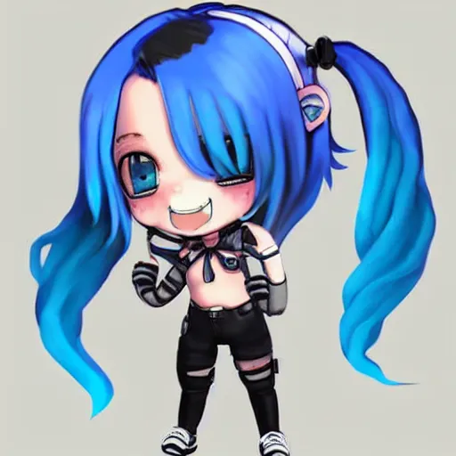 Image similar to a digital painting of a girl with blue hair and a skull on her shirt, lyco art, chibi, by antonio mello, 3 d nft, nendoroid 3 d, cyberpunk artm, cgsociety, sketchfab, seapunk, anime aesthetic, rendered in maya