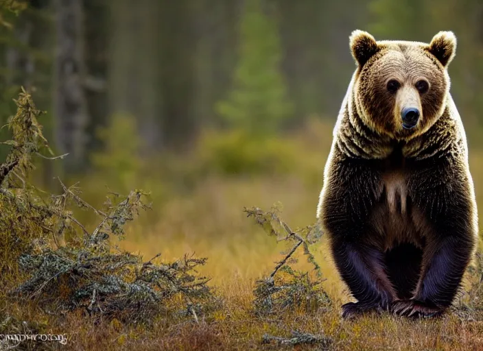 Prompt: an award winning photo of a grizzly bear with an owl's head, enviromental portrait, forest, 4 k, wildlife photography, high quality, national geographic