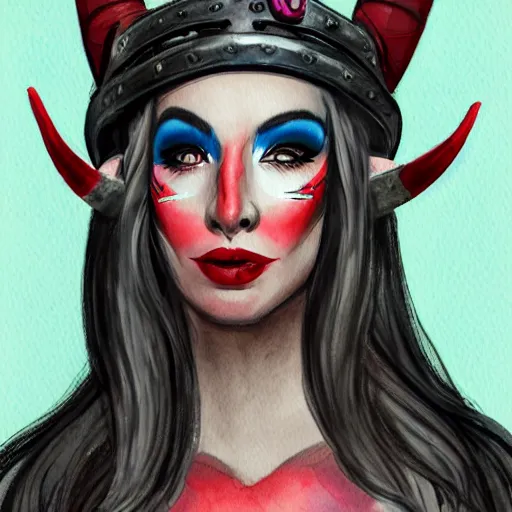 Prompt: high quality side portrait of a masculine but feminine drag queen wearing a viking helmet and red lipstick, elf ears, illustration, comic - style, watercolor, charcoal, matte minimal, pencil, symmetrical face, intricate details, award - winning, 4 k, 8 k, dynamic pose, cinematic dramatic lighting, bright and colorful, two color