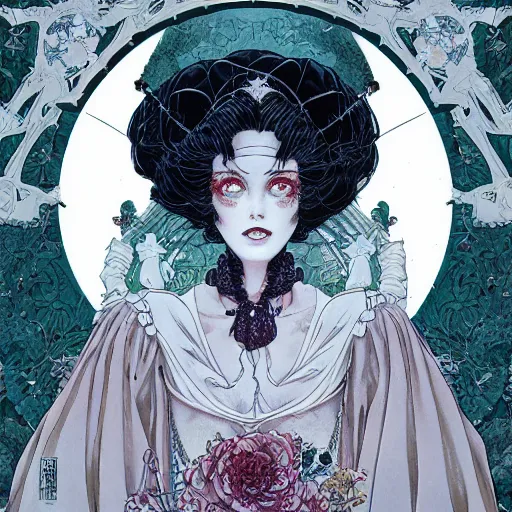 Image similar to portrait of crazy white pale girl wearing white victorian dress, symmetrical, by yoichi hatakenaka, masamune shirow, josan gonzales and dan mumford, ayami kojima, takato yamamoto, barclay shaw, karol bak, yukito kishiro