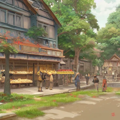 Prompt: concept art painting of a historic bakery with european and japanese architecture, in a woodland village surrounded by trees and mountains, realistic, detailed, cel shaded, in the style of makoto shinkai and greg rutkowski and james gurney