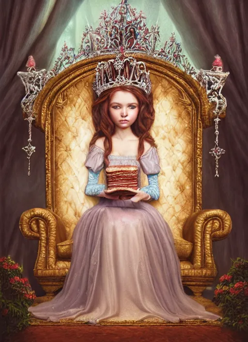 Image similar to highly detailed closeup, straight fingers, portrait of a fairytale medieval princess wearing a crown and sitting on a throne eating cakes, unreal engine, nicoletta ceccoli, mark ryden, earl norem, lostfish, global illumination, god rays, detailed and intricate environment