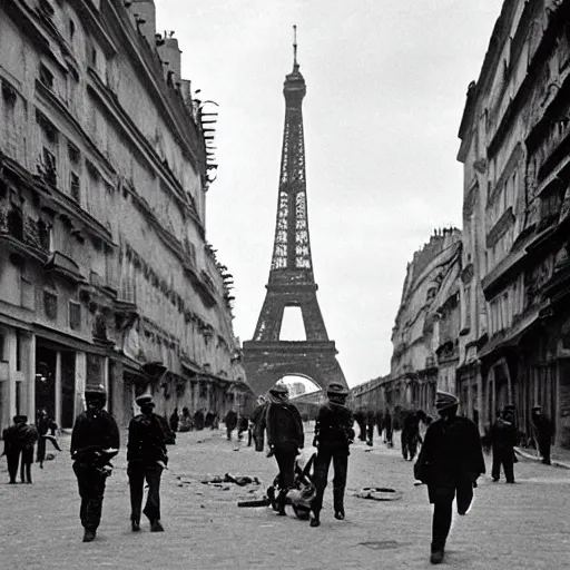 Image similar to Paris in ruins after war, Eiffel Tower destroyed, soldiers walking down the street, 35mm
