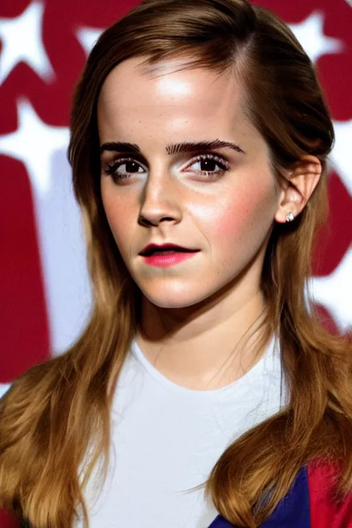 Image similar to emma watson as captain america, hyper realistic