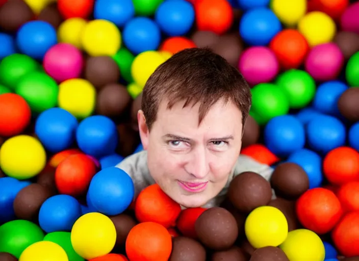 Image similar to photo still of in a ball pit filled with chocolate pudding!!!!!!!! at age 4 6 years old 4 6 years of age!!!!!!!! hiding from parents, 8 k, 8 5 mm f 1. 8, studio lighting, rim light, right side key light