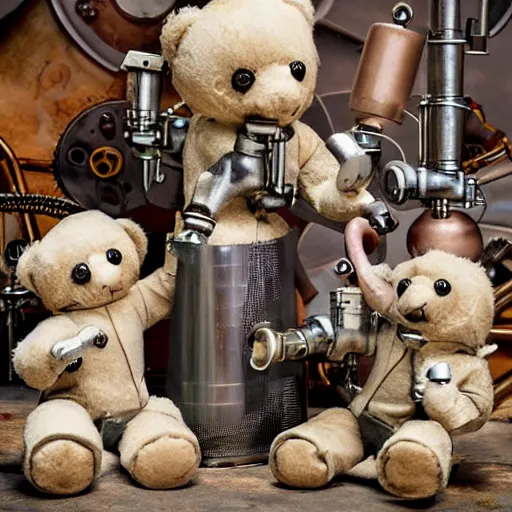 Image similar to photo of teddy bears mixing sparkling chemicals as mad scientists in a steampunk style