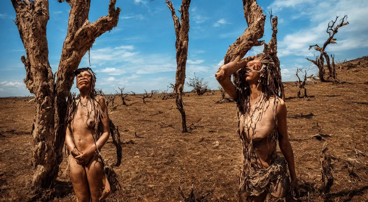 Image similar to full shot of a crying ancient dried up Oshun, peaceful, facing the camera and standing in front of a dried up river in a desolate land, dead trees, blue sky, hot and sunny, highly-detailed, elegant, dramatic lighting, artstation, 4k, cinematic landscape, photograph by Elisabeth Gadd