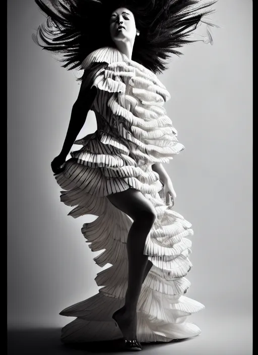 Image similar to a full body portrait of a woman by justin ridler wearing an intricate billowing dress, face in the style of irakli nadar