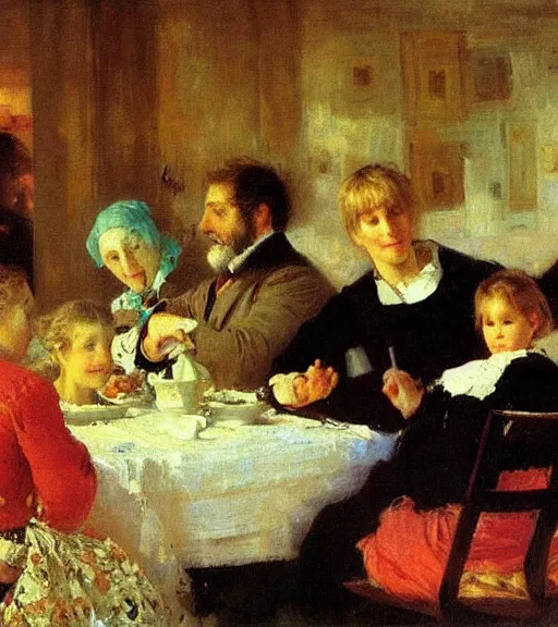 Image similar to high quality high detail painting by ilya repin, family dinner, hd