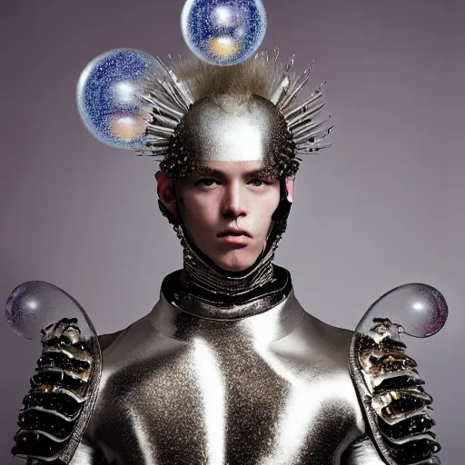 Image similar to a portrait of a beautiful young male wearing an alexander mcqueen armor made of soap bubbles , photographed by andrew thomas huang, artistic