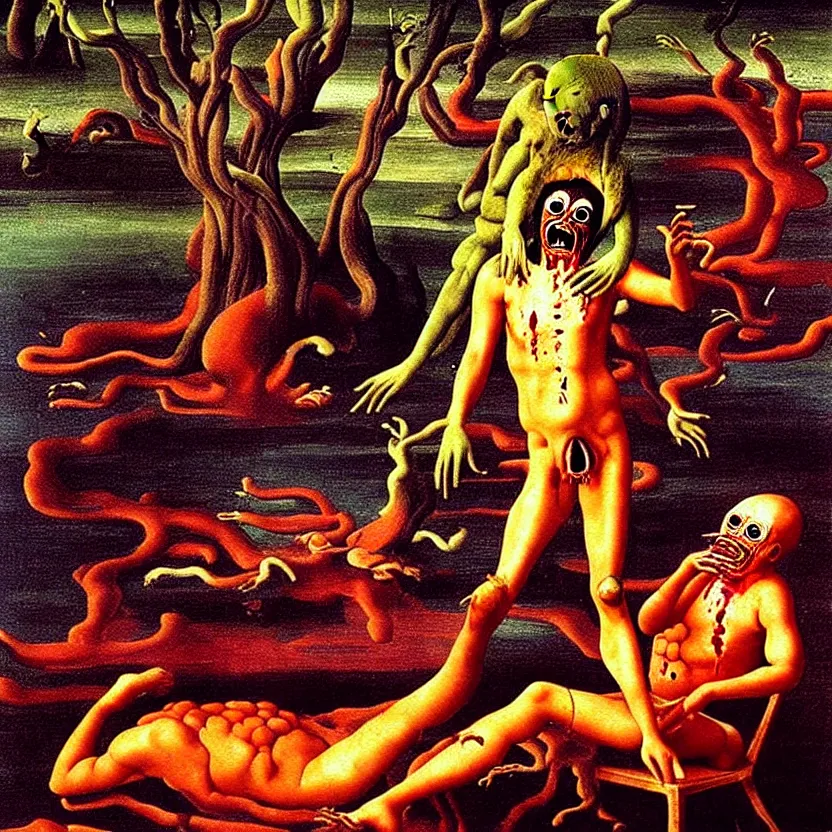 Image similar to a sacred painting of a beautiful flesh - eating timikawa with rainbow fur eating a screaming man, sitting on chair made of human limbs, the chair is floating in a lake of blood, surrounding the lake are melting trees, nightmare scene, supernatural, highly detailed, creepy, terrifying, famous painting by raphael and salvador dali