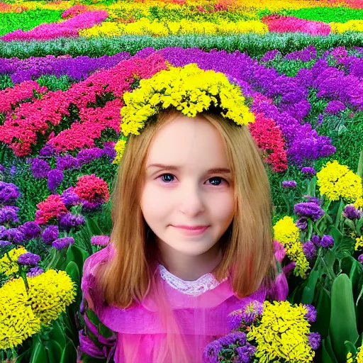 Prompt: flowerheaded girl in flowerfield