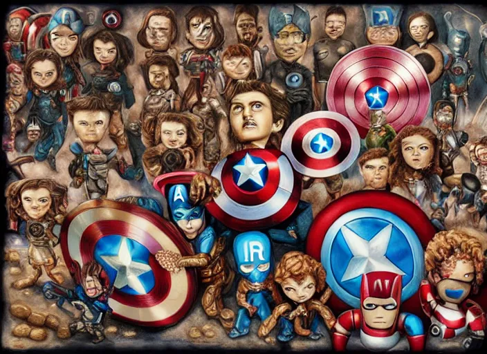 Image similar to the avengers made of donuts, lowbrow, matte painting, 3 - d highly detailed, in the style of mark ryden,