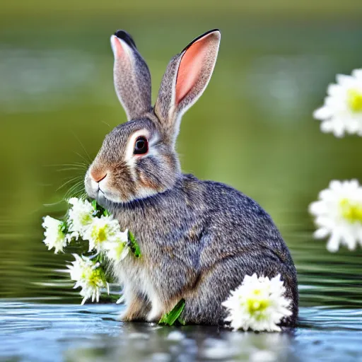 Image similar to a rabbit eating edelweiss on a mountain lake, close - up shot