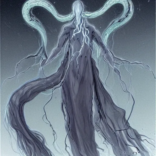 Image similar to concept designs for an ethereal ghostly wraith like figure with a squid like parasite latched onto its head and long tentacle arms that flow lazily but gracefully at its sides like a cloak while it floats around a frozen rocky tundra in the snow searching for lost souls and that hides amongst the shadows in the trees, this character has hydrokinesis and electrokinesis for the resident evil village video game franchise with inspiration from the franchise Bloodborne